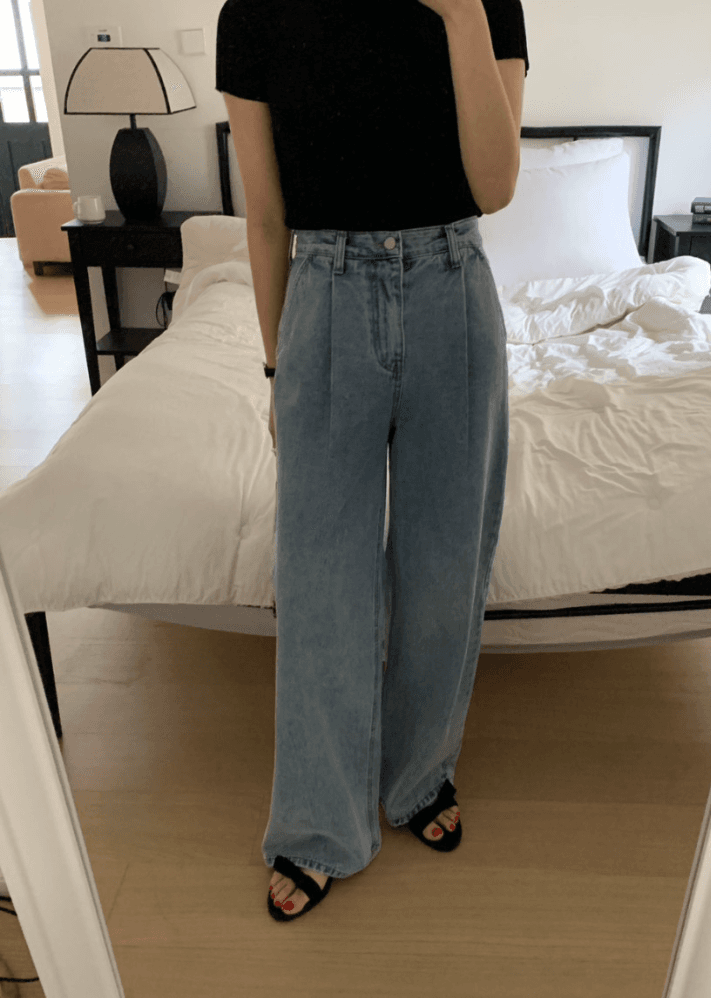 (쿠폰) 미엘 070 중청 핀턱 와이드 데님