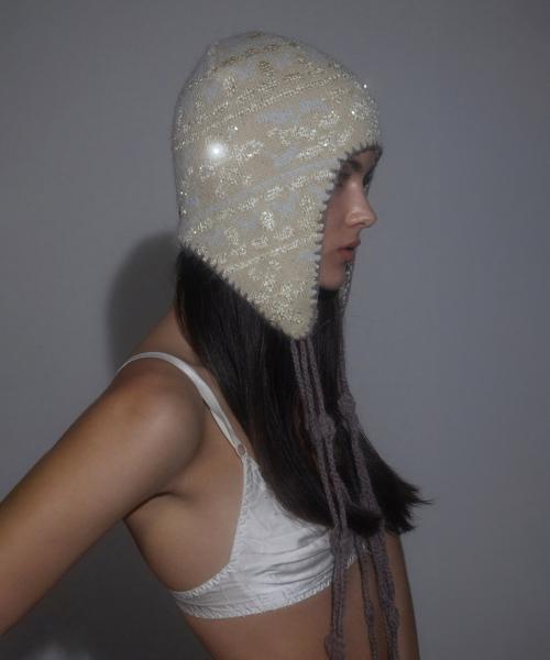 Sequin Nordic Earflap Beanie Milk Tea