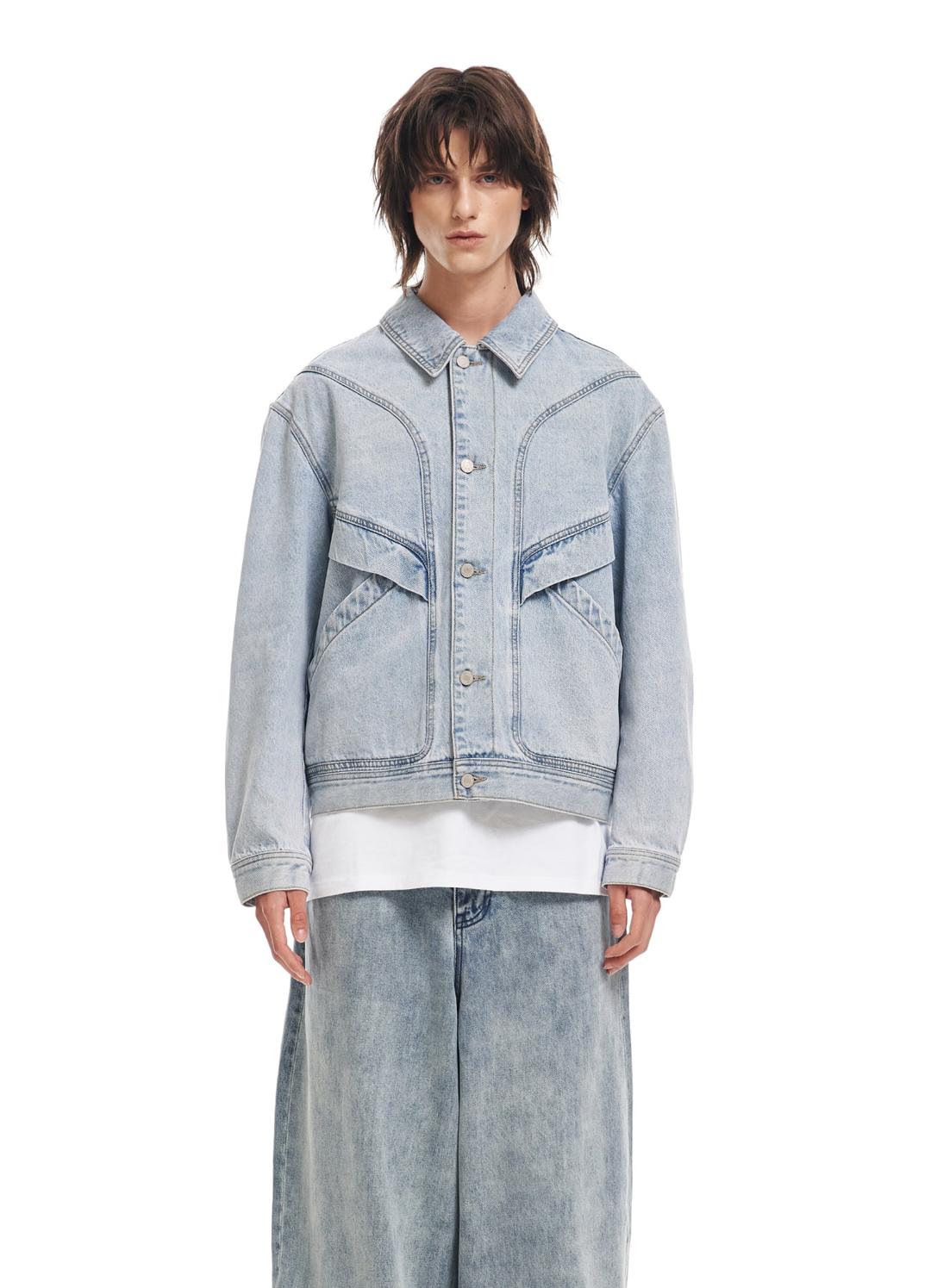 ADDOFF EMBOSSED DENIM JACKET BLUE