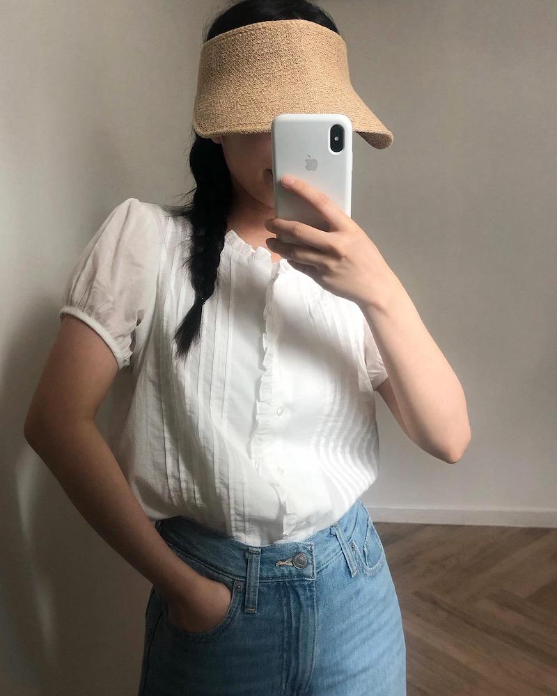 여성 여름 반팔 셔링 레이스 블라우스 / 화이트, 베이지