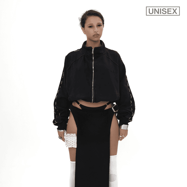 BEADED TRACK JACKET IN PIGMENT WASHED BLACK