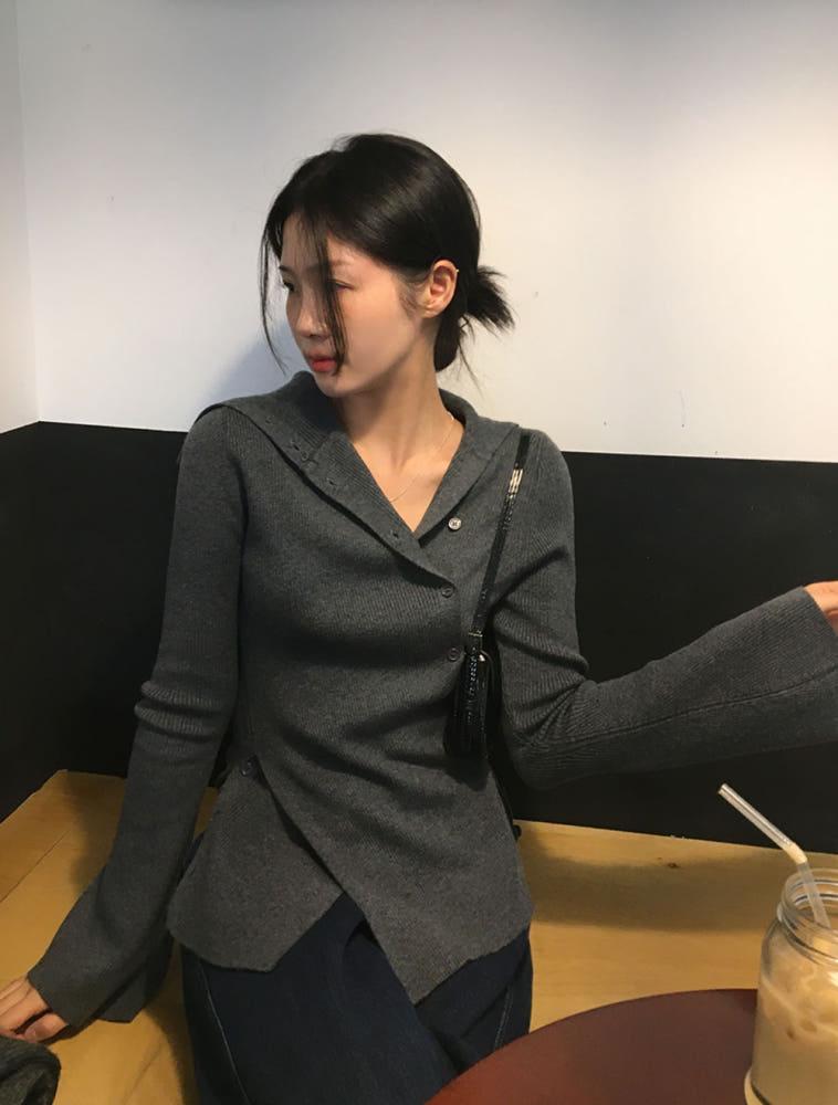 클레오 언발버튼 숄카라 하이넥 골지 니트 (2color)