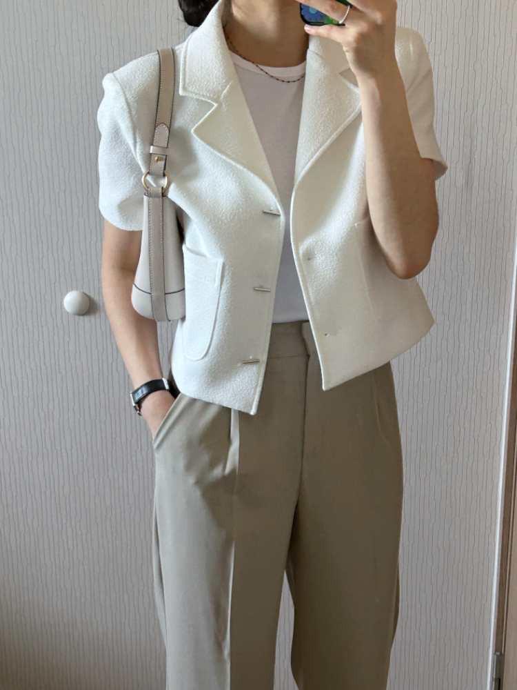 멜로 여름 숏 반팔 트위드 자켓 (화이트 네이비)