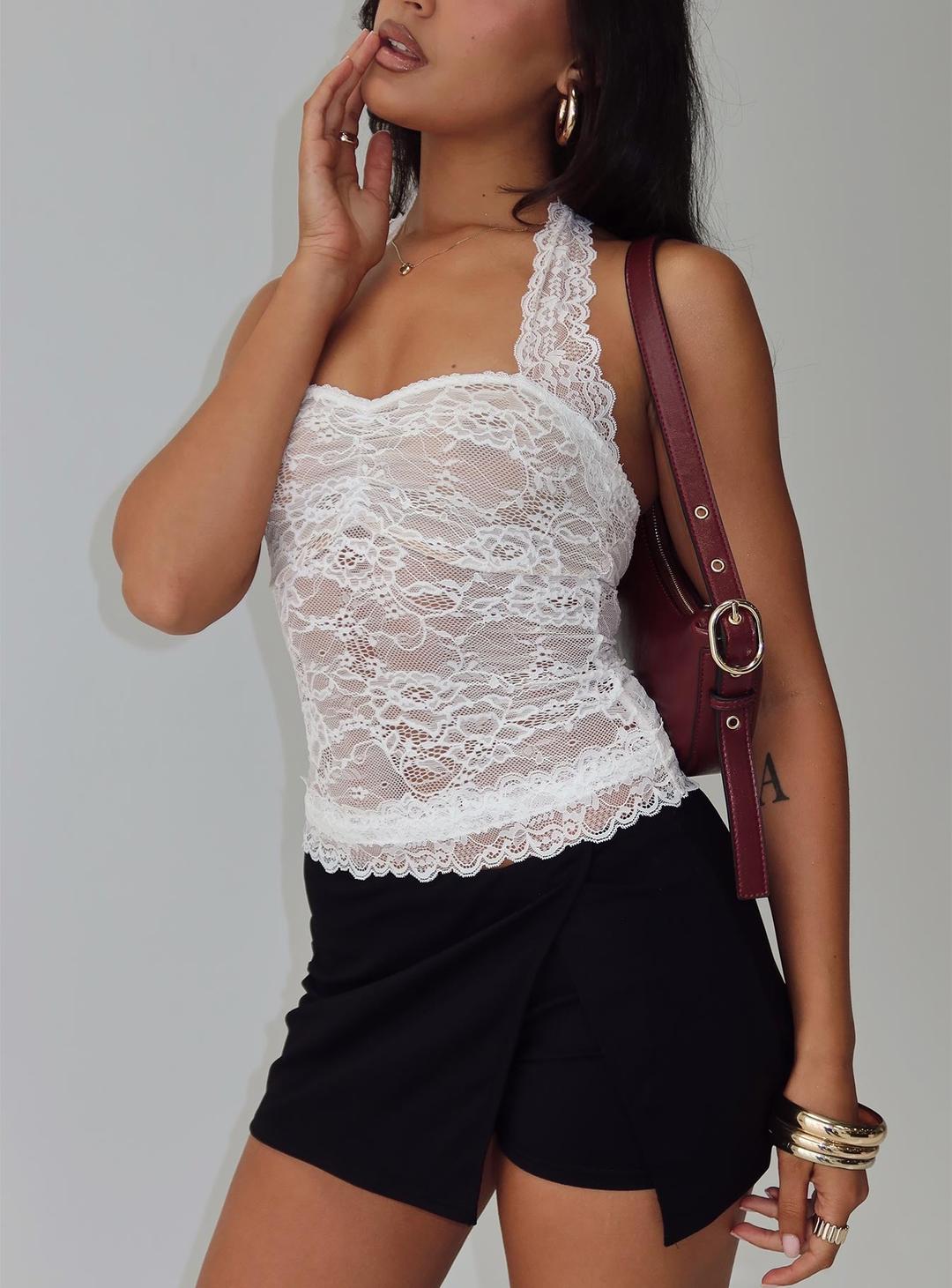 Fantasize Lace Halter Top White - US 4 / White