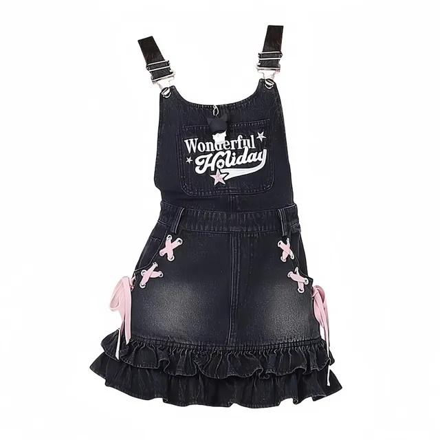 [당일출고/S-L/키치룩🎀] 자수 리본 프릴 멜빵 데님원피스