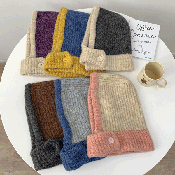 [귀염핏/방한템/양모20%] 새콤달콤 니트 바라클라바 단추 배색 모자 6color