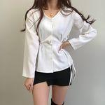 하객룩/4col) 파스텔 브이넥 리본 끈 블라우스 _혀니미니