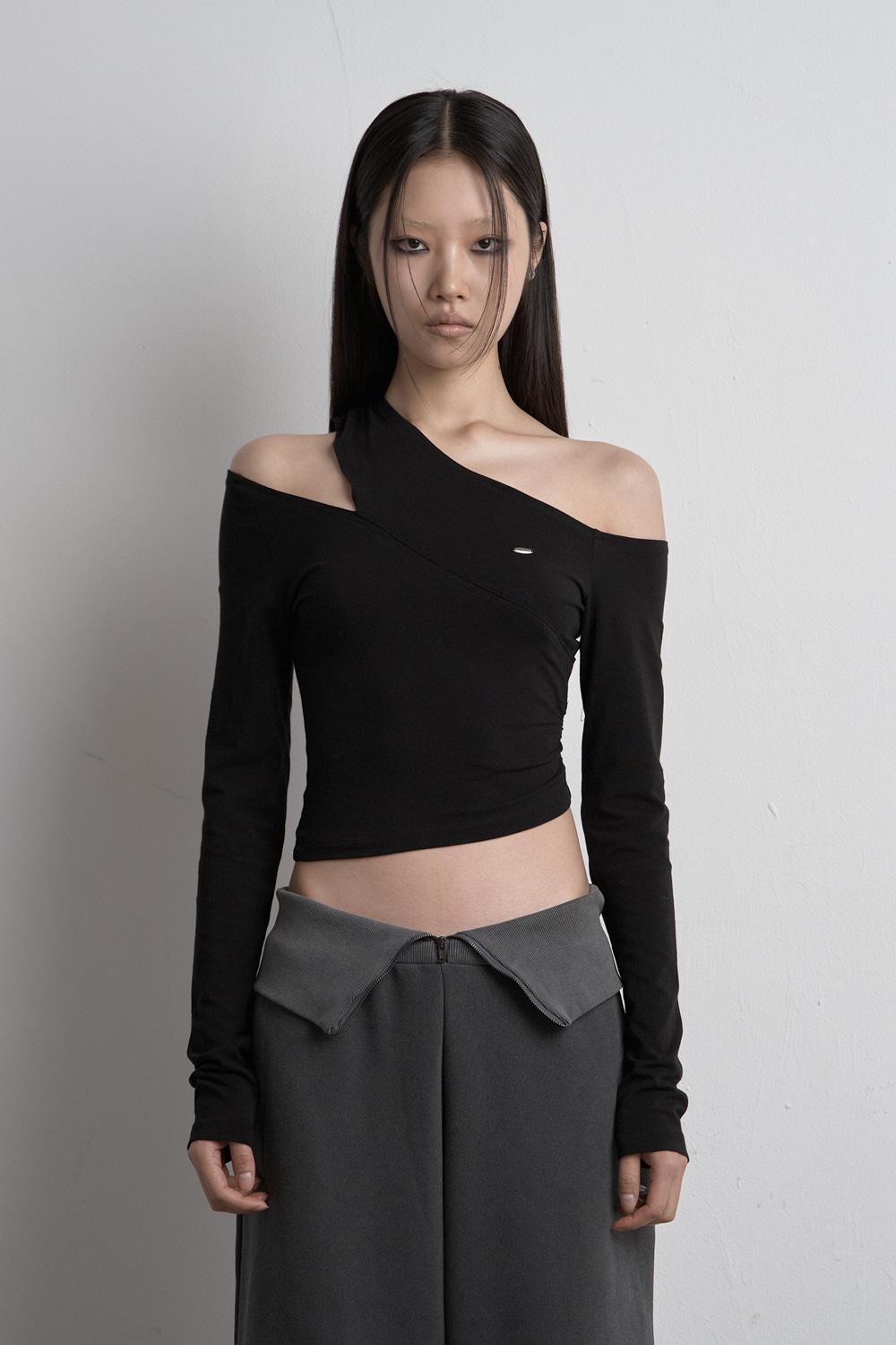 SHIRRING UNBALANCED LONG SLEEVE BLACK