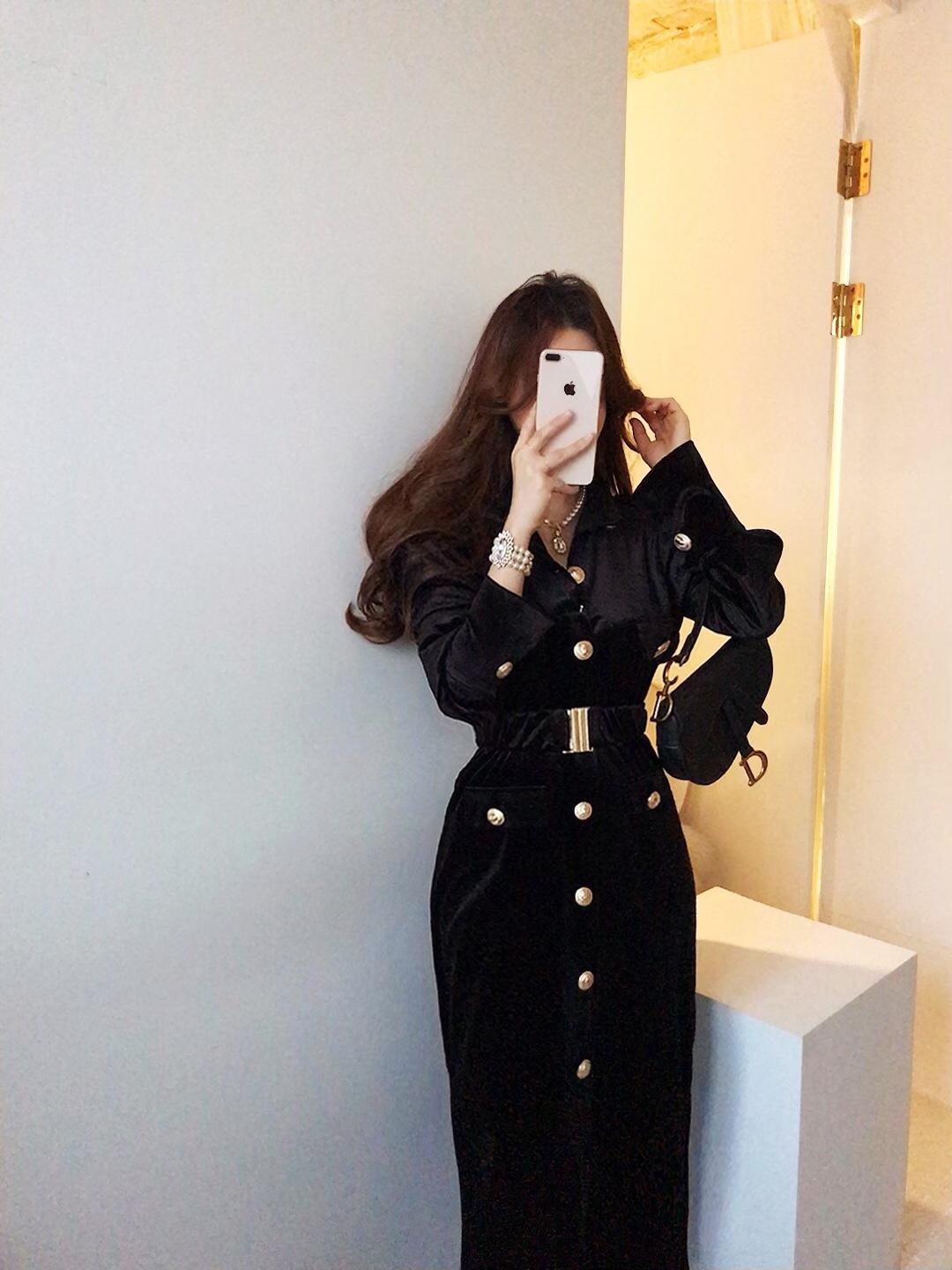 (무배) 컬렉션 골드 버튼 벨벳 롱원피스&벨트 SET [비비아레이디]