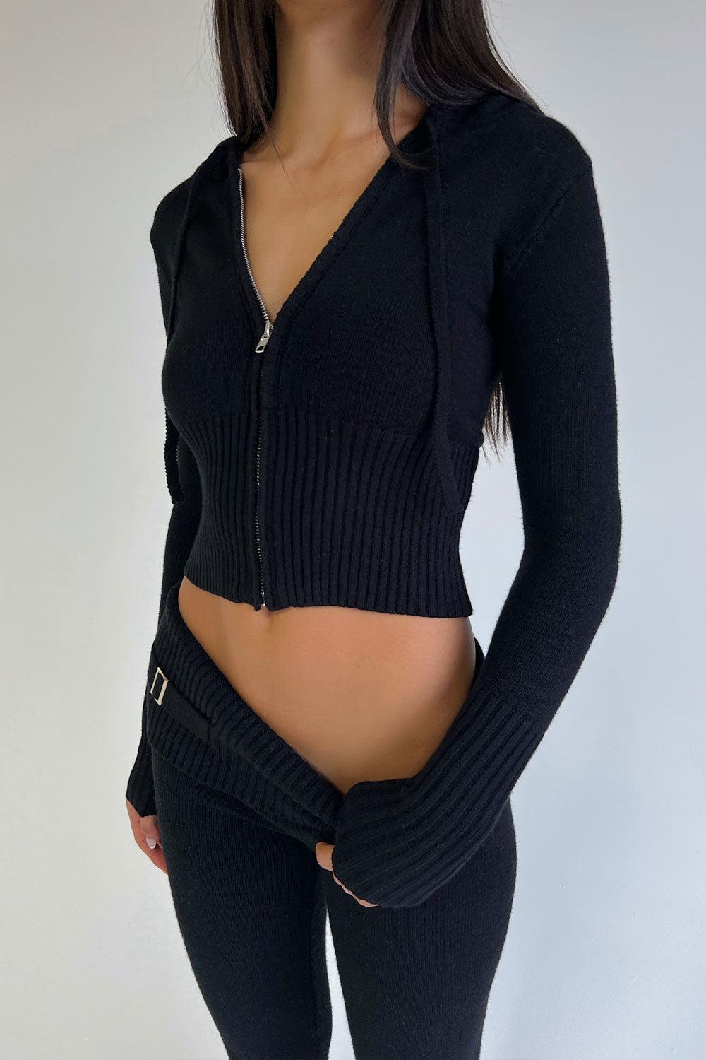 Aimee Cloud Knit Zip Up Hoodie - Black - Black / XS