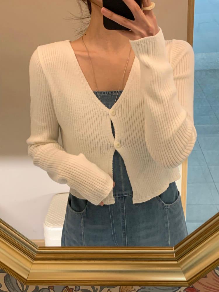 여성 프링 간절기 골지 슬림핏 크롭 니트 가디건 봄 가을 4color