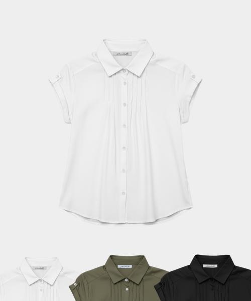 베이직 핀턱 포인트 소매 롤업 투웨이 코튼 카라 반팔 셔츠 블라우스_3COLOR