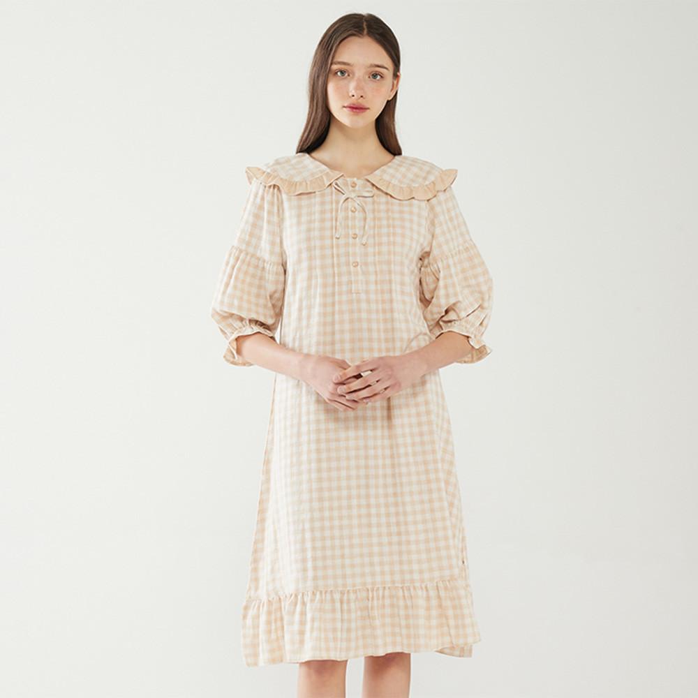 이브니에 빌리 베이지 체크 여성 7부 원피스 잠옷 순면
