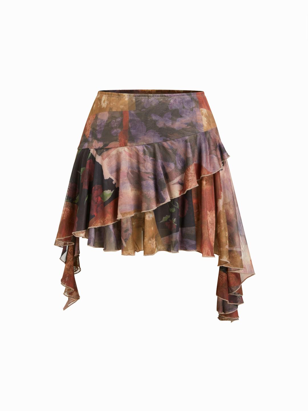 Mesh Floral Asymmetrical Hem Ruffled Layered Mini Skirt