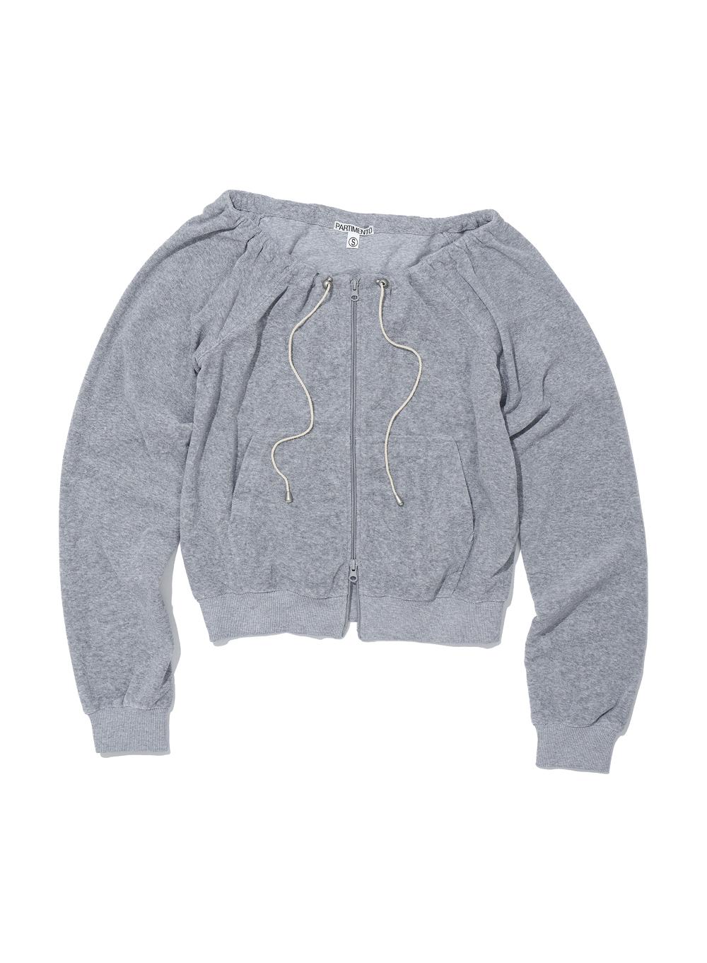 [WOMEN] TERRY DRAWSTRING OFF-SHOULDER ZIP-UP TOP_MELANGE