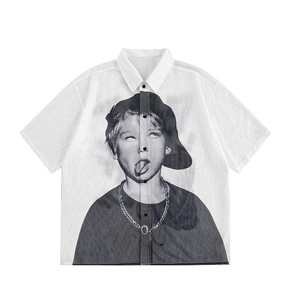 White Full Of Mischievous Boy Printing Mesh 1/2 Shirt (0787)
