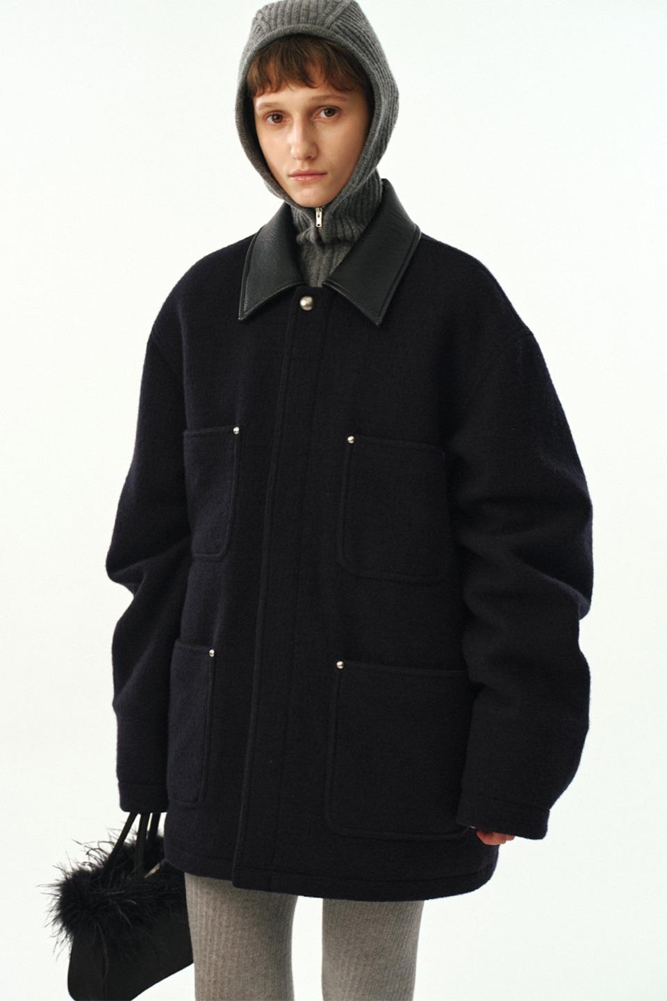 UNISEX, Studed Camel Blend Wool Coat / Dark Navy