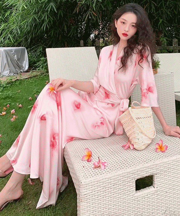 제이스 랩스타일 브이넥 플라워 여름 바캉스 슬립 롱원피스 (핑크레드)