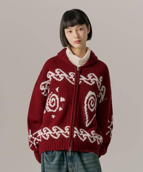 코위찬 드로잉 러브 니트 가디건_버건디