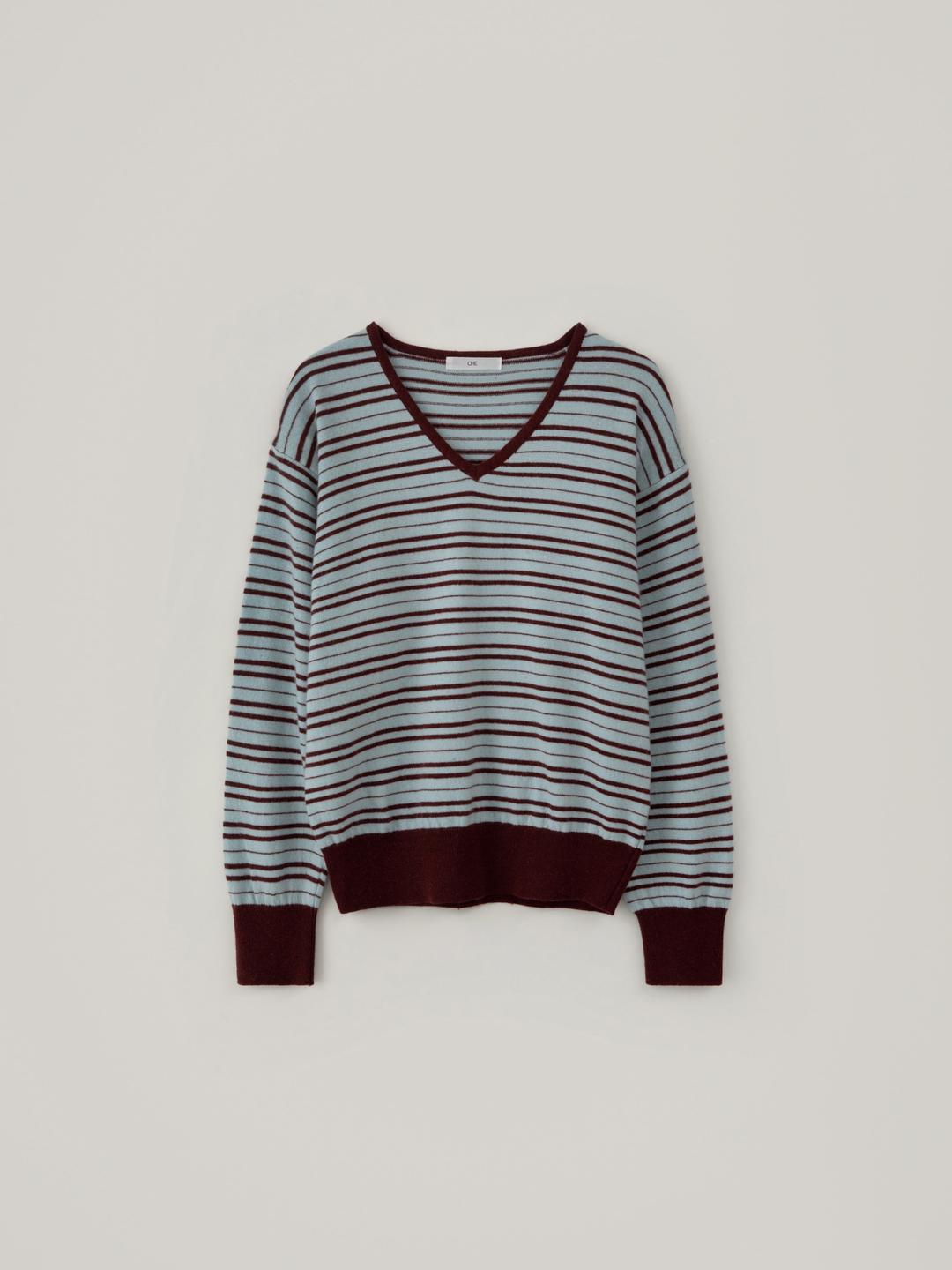 [Cashmere] Dolce Stripe V-Neck Knit - Wine