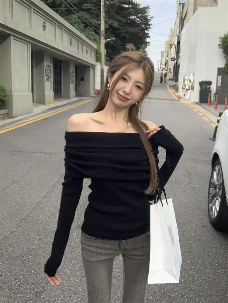 [당일출고] 옹송 오프숄더니트 봄 가을 겨울 골지 블랙 그레이 니트 티