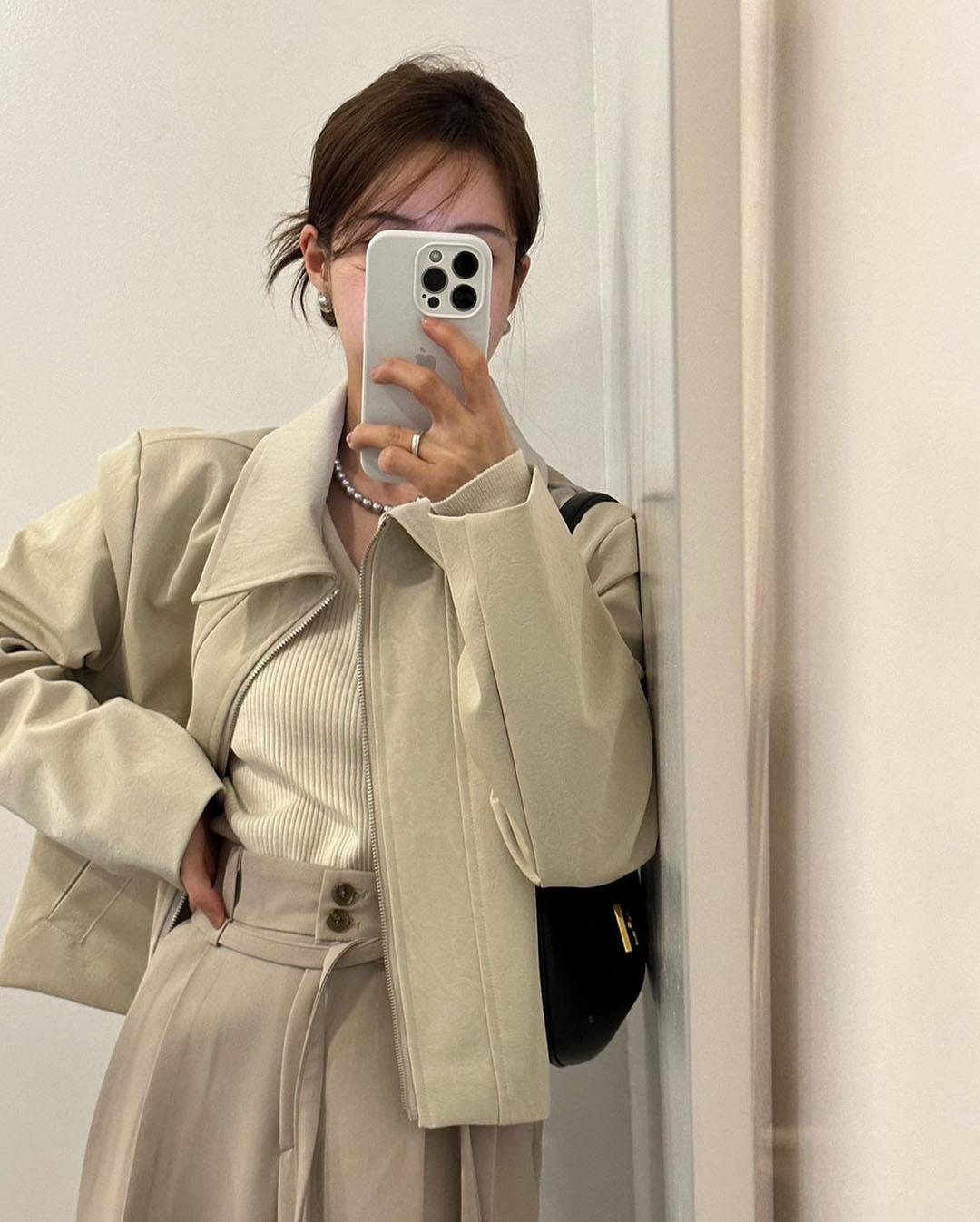 리벳 봄 루즈핏 카라 싱글 크롭 라이더 레더 자켓