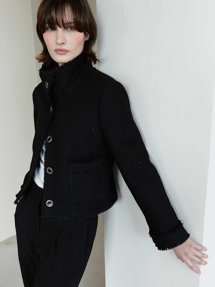 RTS FRINGE HIGH NECK TWEED JACKET_BLACK