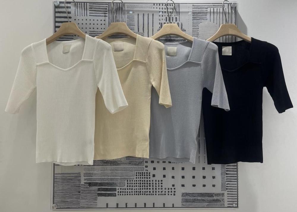 레이 니트 스퀘어넥 슬림핏 골지 반팔 니트 티셔츠/4colors/님프앤글로우/nymphandglow