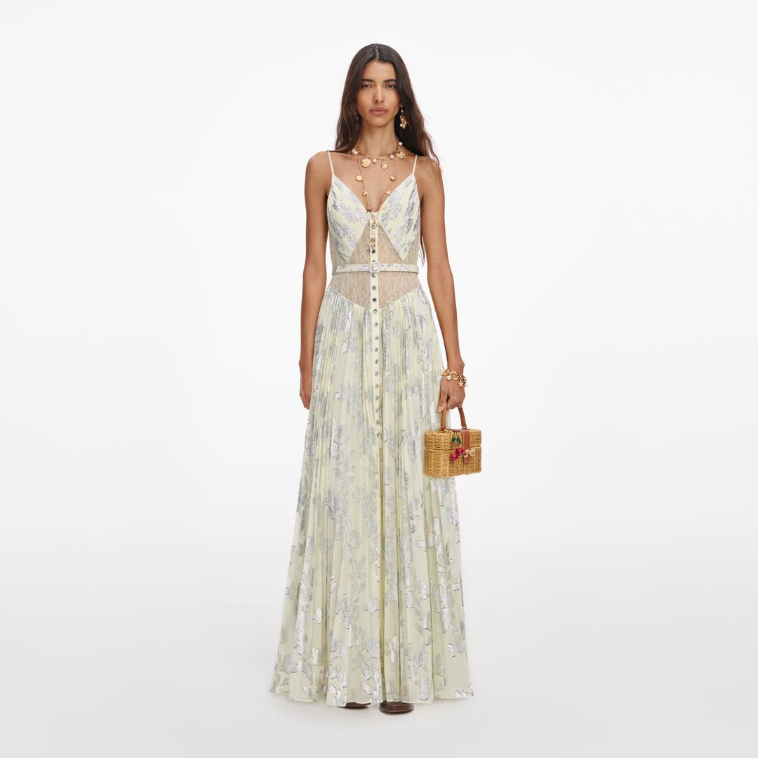 Yellow Metallic Chiffon Maxi Dress - UK 4