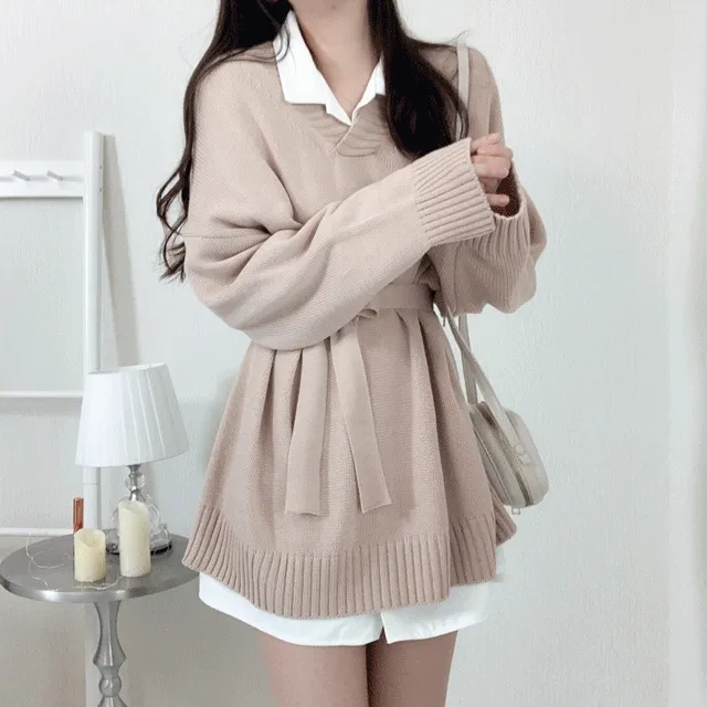 [청순데일리룩/허리끈set] 루즈핏 브이넥 허리끈 스트랩 니트 원피스