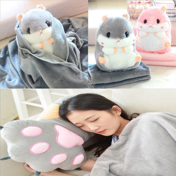 차량용 인형 쿠션+담요 햄스터 곰 발바닥 무릎 담요