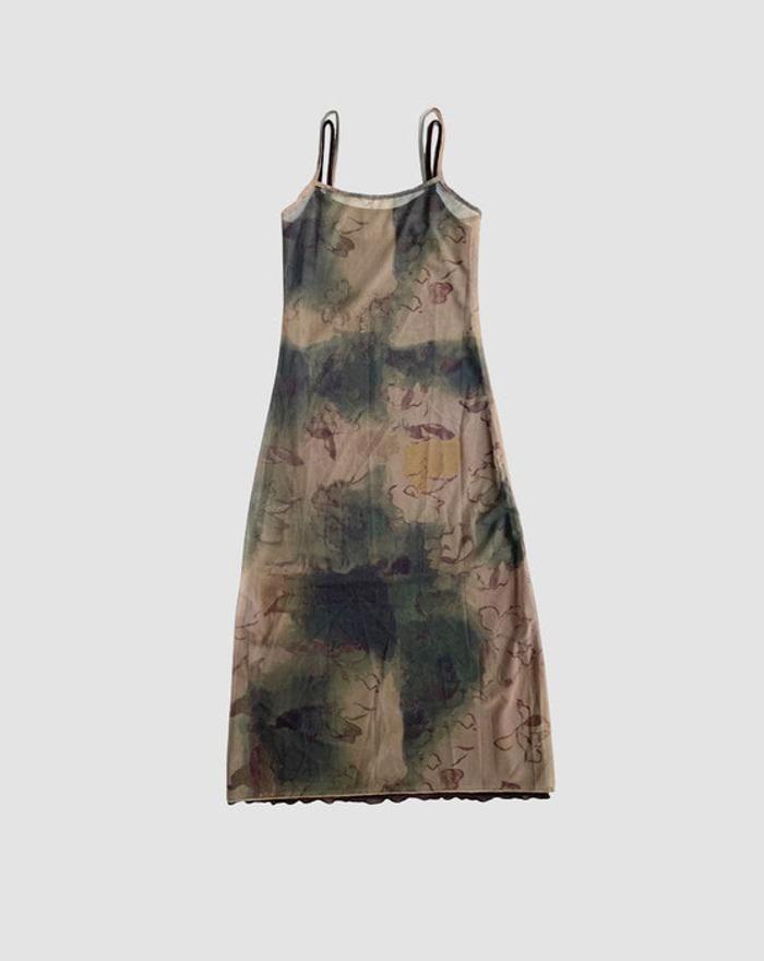 vintage print see-through layered long dress set
