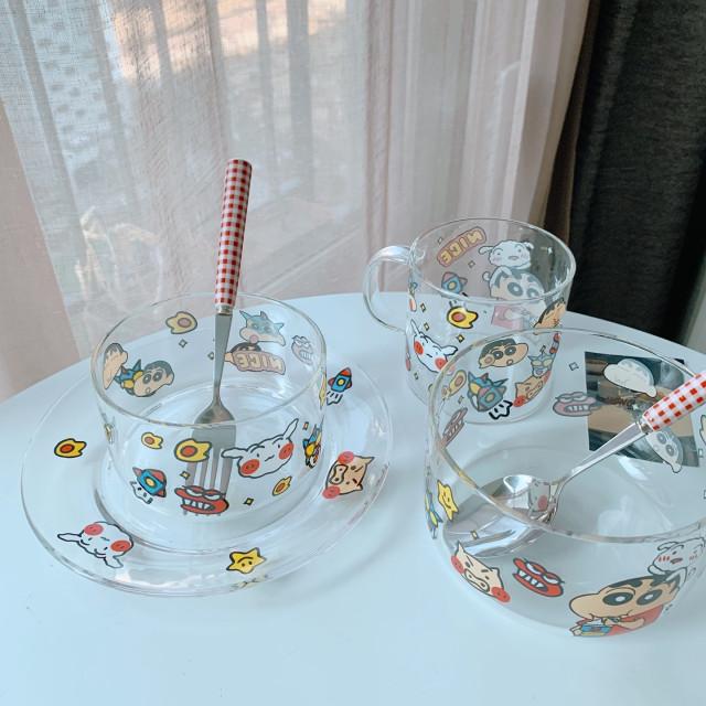 짱구 4종 유리 그릇 크레용신짱 식기 세트 굿즈 밥 컵 접시 귀여운 캐릭터