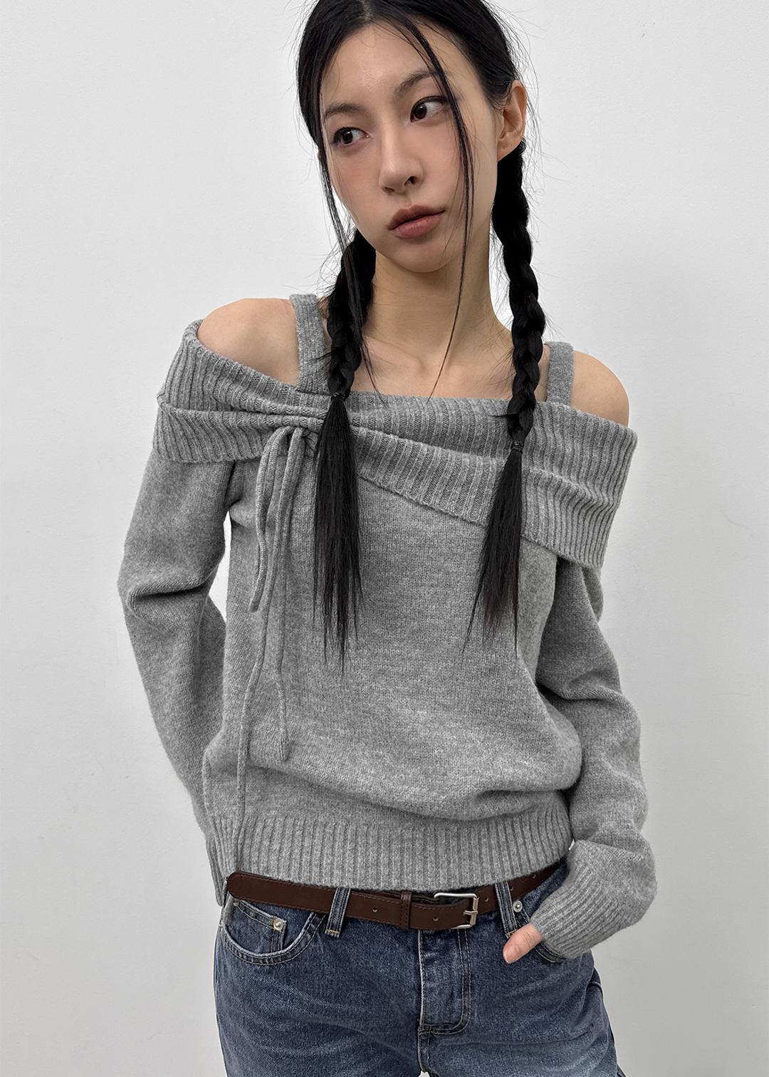 난트 캐시미어 니트 리본 오프숄더