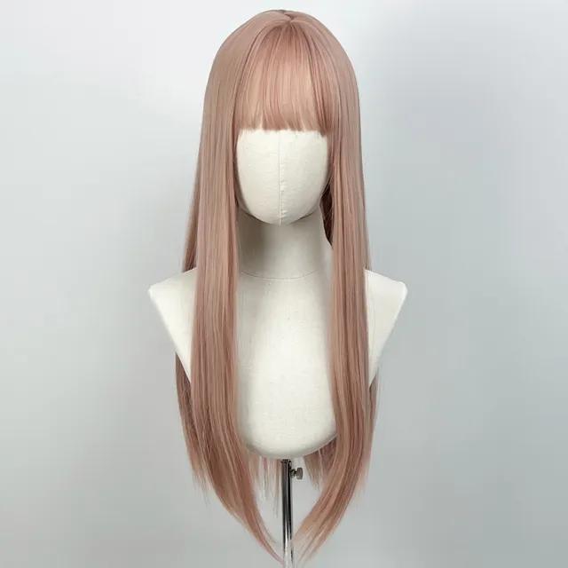 핑크 블론드 앞머리 긴 생머리 통 가발