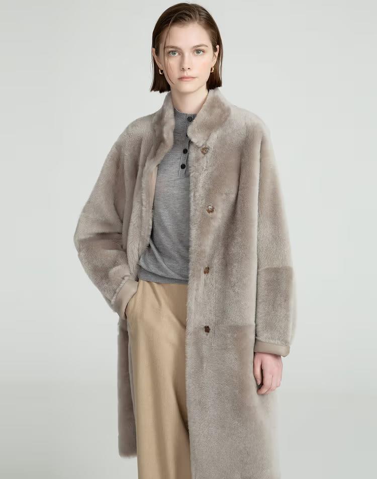[LUXURY FUR] 그레이 리버시블 양모피 롱 무스탕 코트