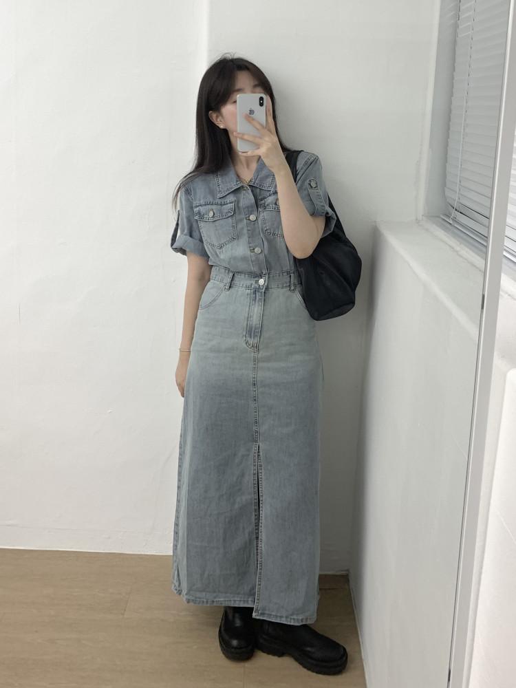 레트로 롤업 데님 롱 원피스 벨트세트 ( M, L )
