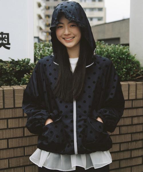 오헤시오(OHESHIO)  dot frill hooded windbreaker jumper (navy) - 사이즈 & 후기 | 무신사