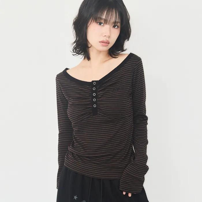 스트라이프 스냅 롱슬리브 브라운