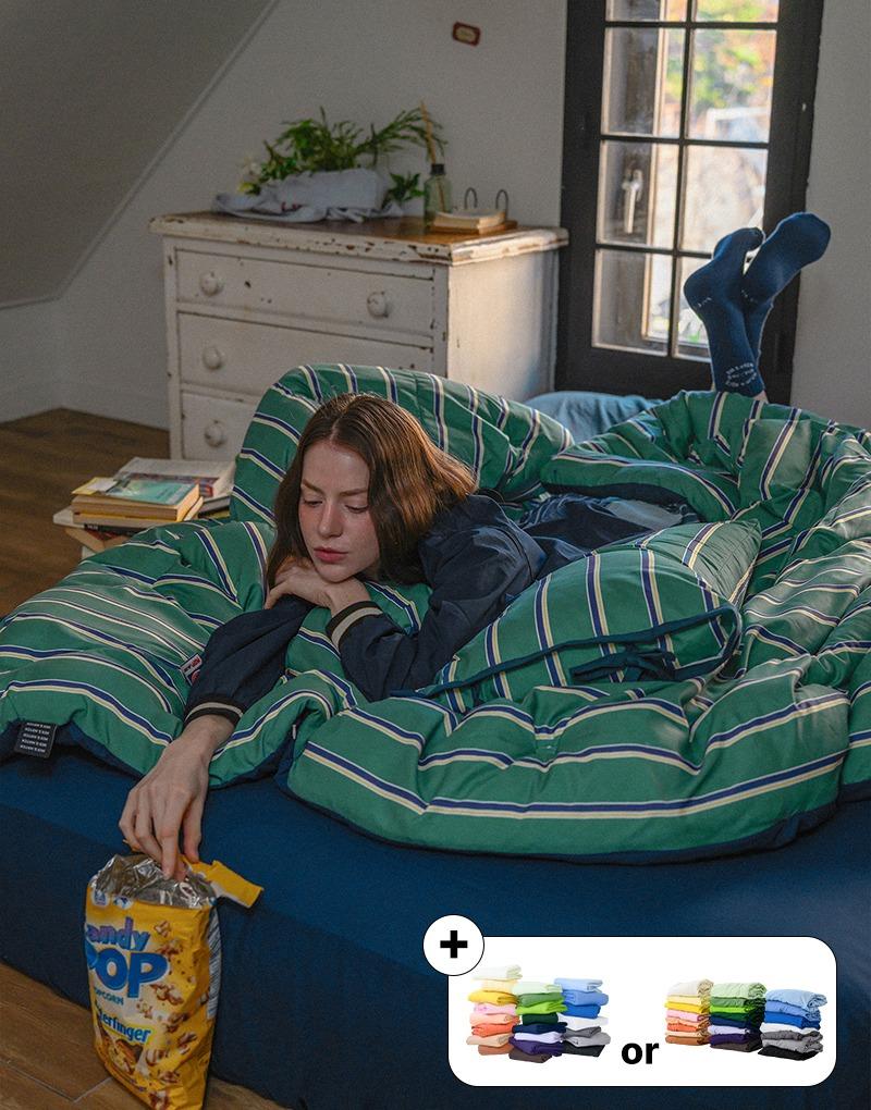 [풀세트] 프레피 스트라이프 간절기/사계절 이불리본베개세트 + 매트커버or패드 SS/Q 4컬러