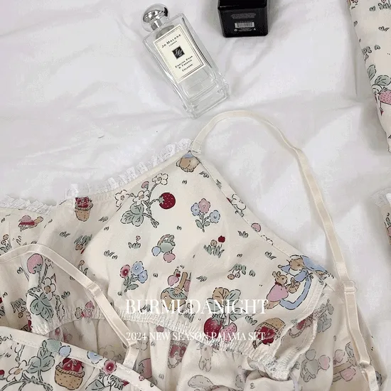 [💌당일/3피스] 빈티지무드 래빗 가디건 캡내장 나시 팬츠 파자마 잠옷 긴팔 상하 세트 #B.Night 181