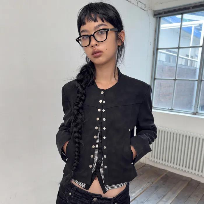 LEATHER SNAP CROP JACKET-BLACK