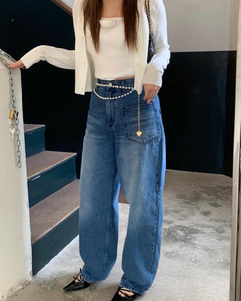 여성 포비 절개 원포켓 데님 와이드팬츠