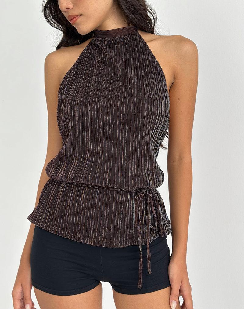 Brienne Top in Brown Shimmer Sheer Plisse - XXS