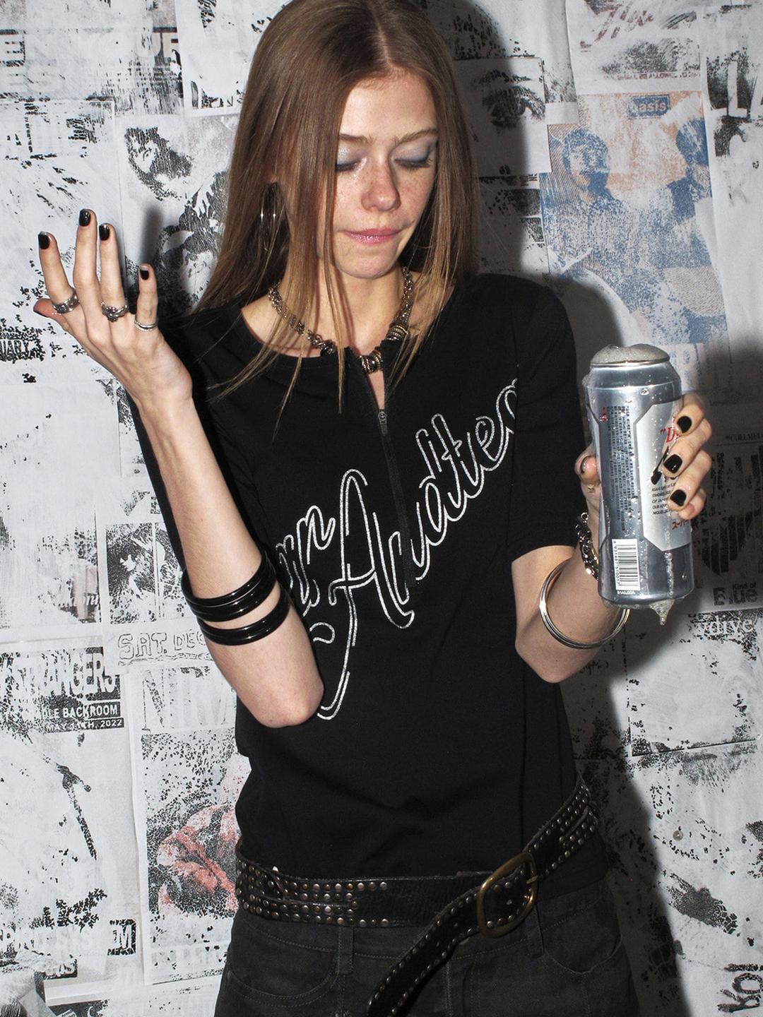 wearAndtear Open Placket Letter Slim Fit Punk Short Sleeve