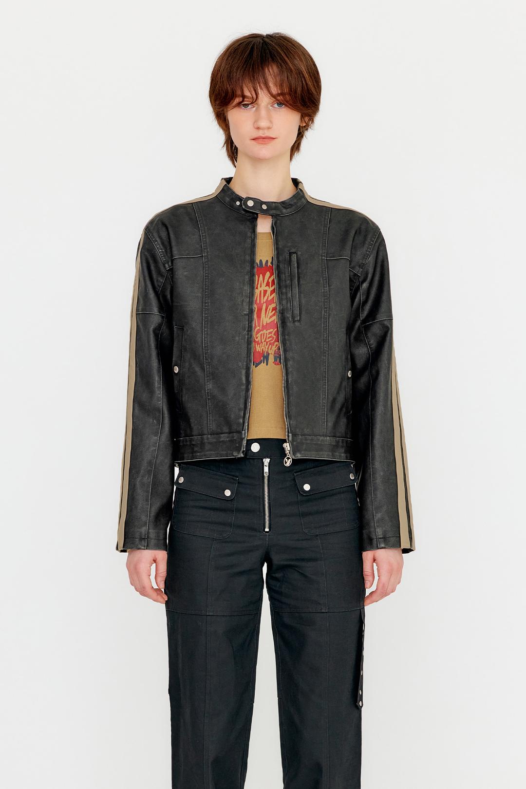 WASHING COLOR BLOCK LEATHER BIKER JACKET - CHARCOAL