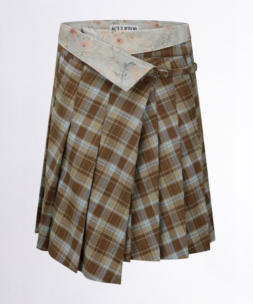 Folded Waist Plaid Skirt Blue Check
