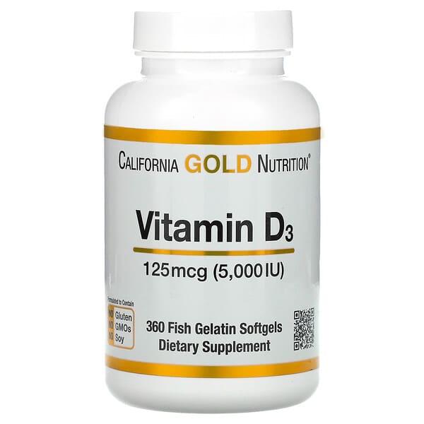 California Gold Nutrition, 비타민D3, 125mcg(5,000IU), 피쉬 젤라틴 소프트젤 360정