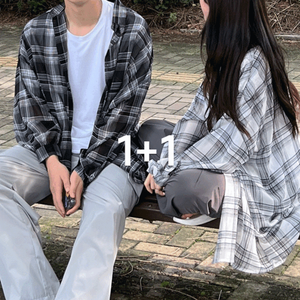 (1+1)[남녀공용]올드 시스루 체크 오버핏 아사면 퍼프 셔츠