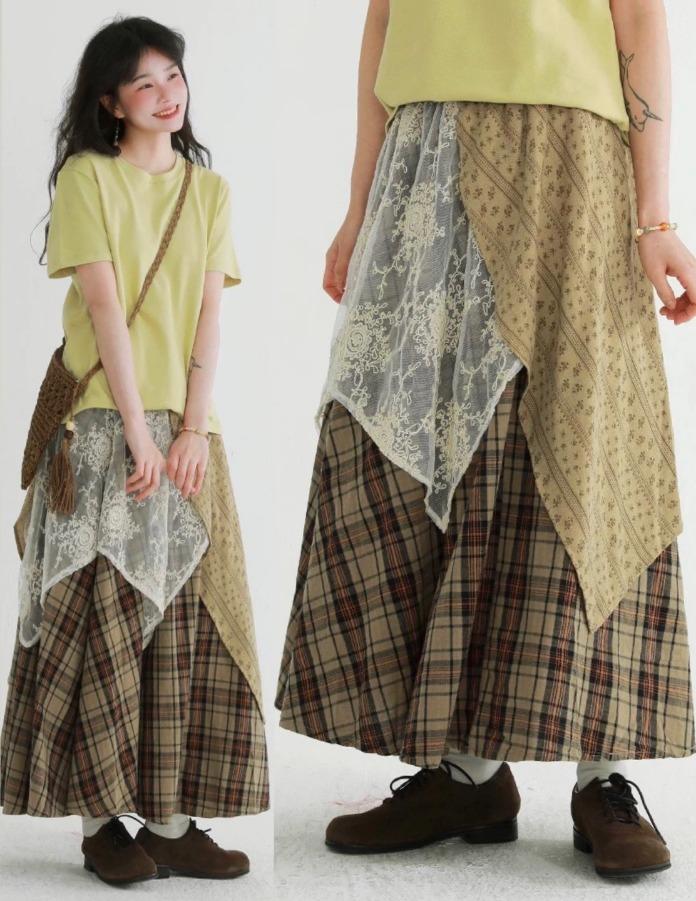 EPIC RARE 플레드 레이스 패치워크 니치 스커트 (2color)